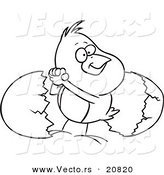 Vector of a Cartoon Victorious Chick by an Egg Shell - Coloring Page Outline by Toonaday