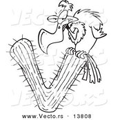 Vector of a Cartoon Vulture Perched on a Letter V Cactus - Coloring Page Outline by Toonaday