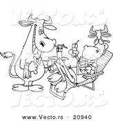 Vector of a Cartoon Waiter Cow Serving a Female Cow a Beverage Poolside - Coloring Page Outline by Toonaday