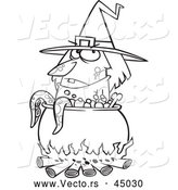 Vector of a Cartoon Witch Beside a Boiling Cauldron Cooking Tentacles - Outline by Toonaday