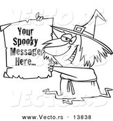 Vector of a Cartoon Witch Holding up a Piece of Paper with Sample Text - Coloring Page Outline by Toonaday