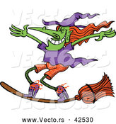 Vector of a Cartoon Witch Standing on Her Broom Stick While Flying by Zooco