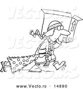 Vector of a Cartoon Woman Carrying a Moving Box and Dragging Her Christmas Tree - Coloring Page Outline by Toonaday