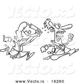 Vector of a Cartoon Woman Chasing Her Husband with a Rolling Pin - Outlined Coloring Page by Toonaday