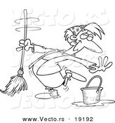 Vector of a Cartoon Woman Dancing and Mopping - Outlined Coloring Page by Toonaday