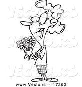 Vector of a Cartoon Woman Holding a Bouquet - Coloring Page Outline by Toonaday