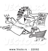 Vector of a Cartoon Woman in Her Robe and Curlers, Running to a Sale - Outlined Coloring Page by Toonaday
