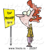 Vector of a Cartoon Woman Looking at a Yellow Advertisement Sign with "Your Message Here" by Toonaday