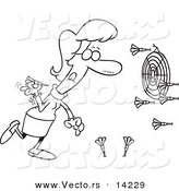 Vector of a Cartoon Woman Missing the Target While Throwing Darts - Coloring Page Outline by Toonaday