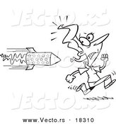 Vector of a Cartoon Woman Running from a Rocket - Outlined Coloring Page by Toonaday