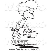 Vector of a Cartoon Woman Sitting on a Stool and Painting a Sign - Coloring Page Outline by Toonaday