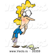 Vector of a Cartoon Woman Standing over and Looking at a Broken Glass with an Oops Facial Expression by Toonaday