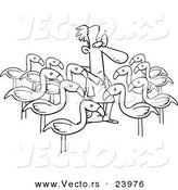Vector of a Cartoon Yard Flamingos Surrounding a Man - Coloring Page Outline by Toonaday
