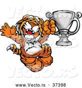 Vector of a Cheerful Cartoon Tiger Champion Mascot with a Trophy by Chromaco