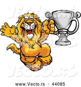 Vector of a Competitive Cartoon Lion Celebrating with a Silver Trophy by Chromaco