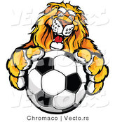 Vector of a Competitive Lion Mascot Gripping a Soccer Ball by Chromaco