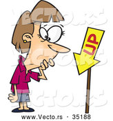 Vector of a Confused Cartoon Woman Looking at an up Sign That Is Pointing down by Toonaday
