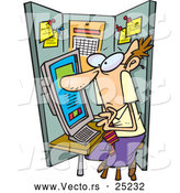 Vector of a Cramped Cartoon Man Working in a Tiny Office with a Computer by Toonaday