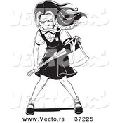 Vector of a Creepy School Girl Zombie with a Bat - Black and White Line Art by Lawrence Christmas Illustration
