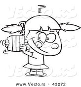 Vector of a Curious Cartoon Girl Trying to Guess What's in a Wrapped Gift - Coloring Page Outline by Toonaday