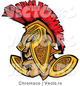 Vector of a Defensive Cartoon Spartan Warrior Wearing Gold and Red Helmet While Grinning by Chromaco