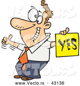 Vector of a Displeased Cartoon Man with a Thumb up Holding a YES Sign by Toonaday