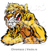 Vector of a Dominant Lion Mascot Flexing Muscles While Growling and Pointing Finger up by Chromaco