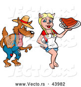 Vector of a Drooling Cartoon Wolf Staring at a Sexy Pig Waitress Serving BBQ Ribs by LaffToon