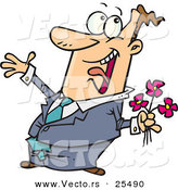 Vector of a Excited Cartoon Man Holding Pink Flowers for His Love by Toonaday