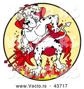 Vector of a Fierce Cartoon Devil Dalmatian Dog Standing Aggressively Within Fire While Holding a Pitchfork by LaffToon