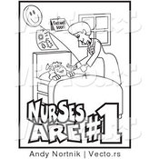 Vector of a Friendly Nurse Checking on Sick Child Resting in a Medical Bed - Line Drawing by Andy Nortnik