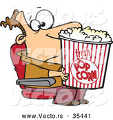Vector of a Frustrated Cartoon Man Trying to Watch a Move over His Oversized Bucket of Popcorn at a Theatre by Toonaday