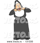 Vector of a Funny Cartoon Nun in Black and White, Using Her Hands to Pry Open Her Mouth As Big As She Can to Make Funny Faces by Djart