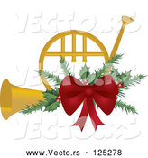 Vector of a Gold Christmas French Horn with Holly and a Red Bow by Pams Clipart