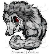 Vector of a Gray Wolf Mascot Display Strength While Flexing Muscles and Grinning by Chromaco