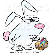 Vector of a Grumpy Cartoon Easter Bunny Carrying Basket Full of Eggs by Toonaday