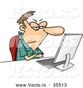 Vector of a Grumpy Cartoon Man Sitting at a Desk in Front of His Computer with Arms Crossed by Toonaday