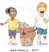 Vector of a Happy Black Girl and White Boy Walking a Dog Together by BNP Design Studio