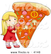 Vector of a Happy Blond Caucasian Girl Holding up a Giant Slice of Pizza by BNP Design Studio