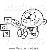 Vector of a Happy Cartoon Baby Boy Playing with Alphabet Blocks - Coloring Page Outline by Toonaday