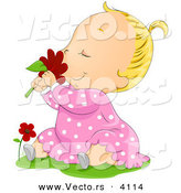 Vector of a Happy Cartoon Baby Girl Smelling a Red Daisy Flower While Seated on Grass by BNP Design Studio