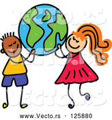 Vector of a Happy Cartoon Black Boy and a White Girl Carrying a Globe by Prawny
