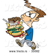 Vector of a Happy Cartoon Boy Carrying a Tray Full of Fast Food Burgers, Fries, and Drinks by Toonaday