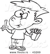 Vector of a Happy Cartoon Boy Eating French Fries - Coloring Page Outline by Toonaday