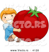 Vector of a Happy Cartoon Boy Hugging a Big Tomato - Coloring Page Outline by BNP Design Studio
