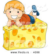 Vector of a Happy Cartoon Boy Laying on Cheese Wedge by BNP Design Studio