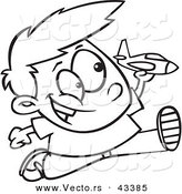 Vector of a Happy Cartoon Boy Playing with a Toy Jet While Running - Coloring Page Outline by Toonaday