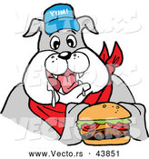 Vector of a Happy Cartoon Bulldog Mascot Eating a Tasty Cheeseburger by LaffToon