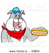 Vector of a Happy Cartoon Bulldog Mascot Eating Hot Dog with Mustard by LaffToon