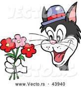 Vector of a Happy Cartoon Cat Offering Pretty Flowers by LaffToon